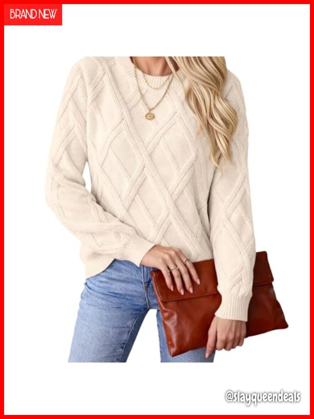 Cable Knit Sweater Crew Neck Long Sleeve Pullover Ribbed Trim